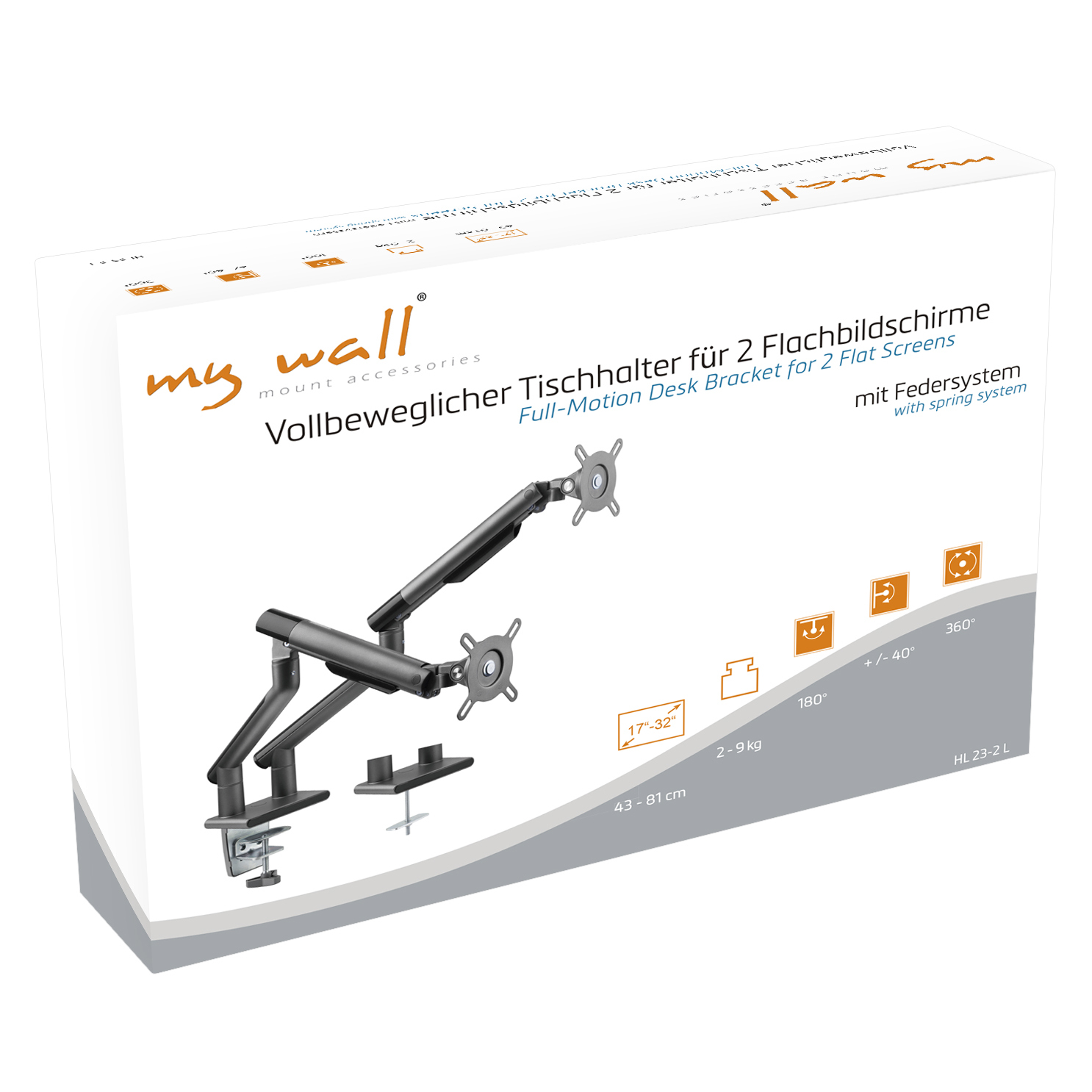 Karton mit einer Doppelmonitor-Schreibtischhalterung. Produktbild auf der Verpackung.