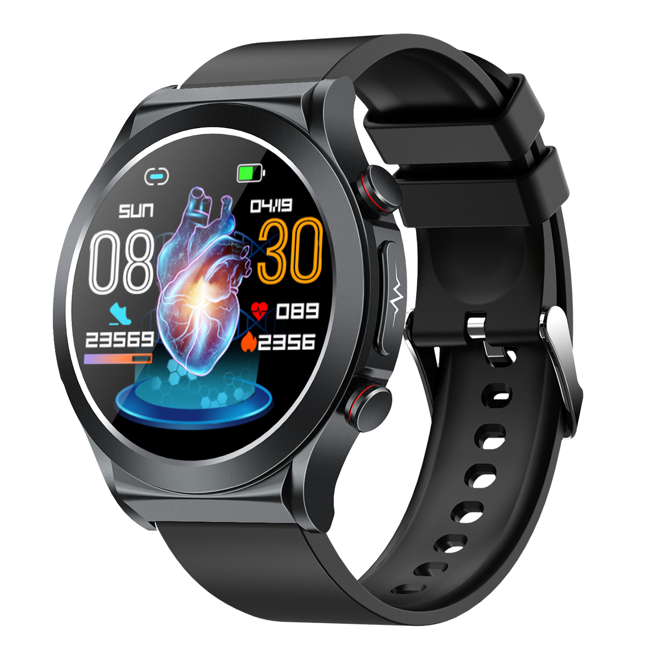 INF Aktivitätsarmband mit EKG-Herzfrequenz, Blutdruck, PC+ABS, schwarz Schlaf/Stress Smartwatch