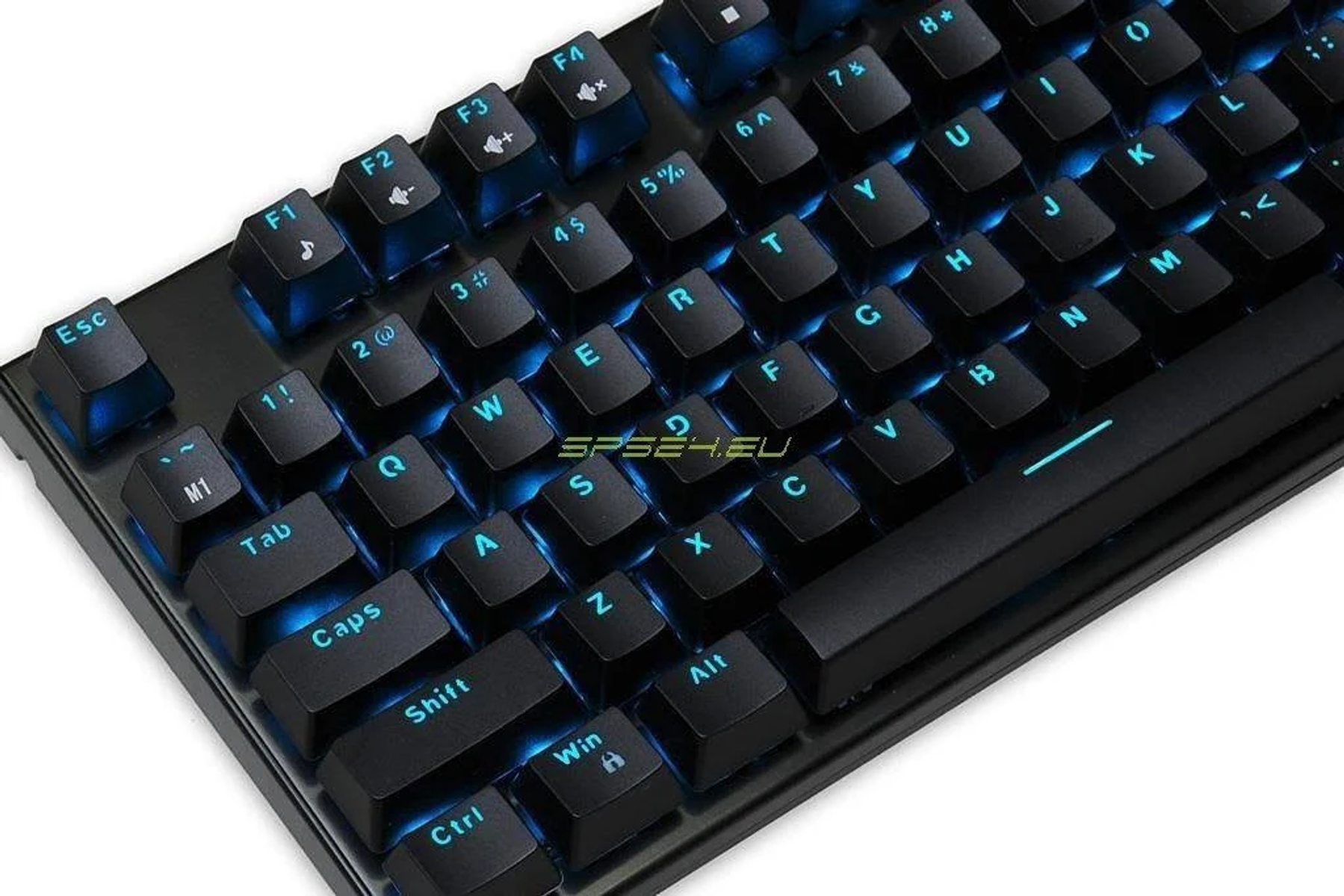 Una tastiera meccanica nera con tasti retroilluminati blu. I tasti sono etichettati con lettere bianche.