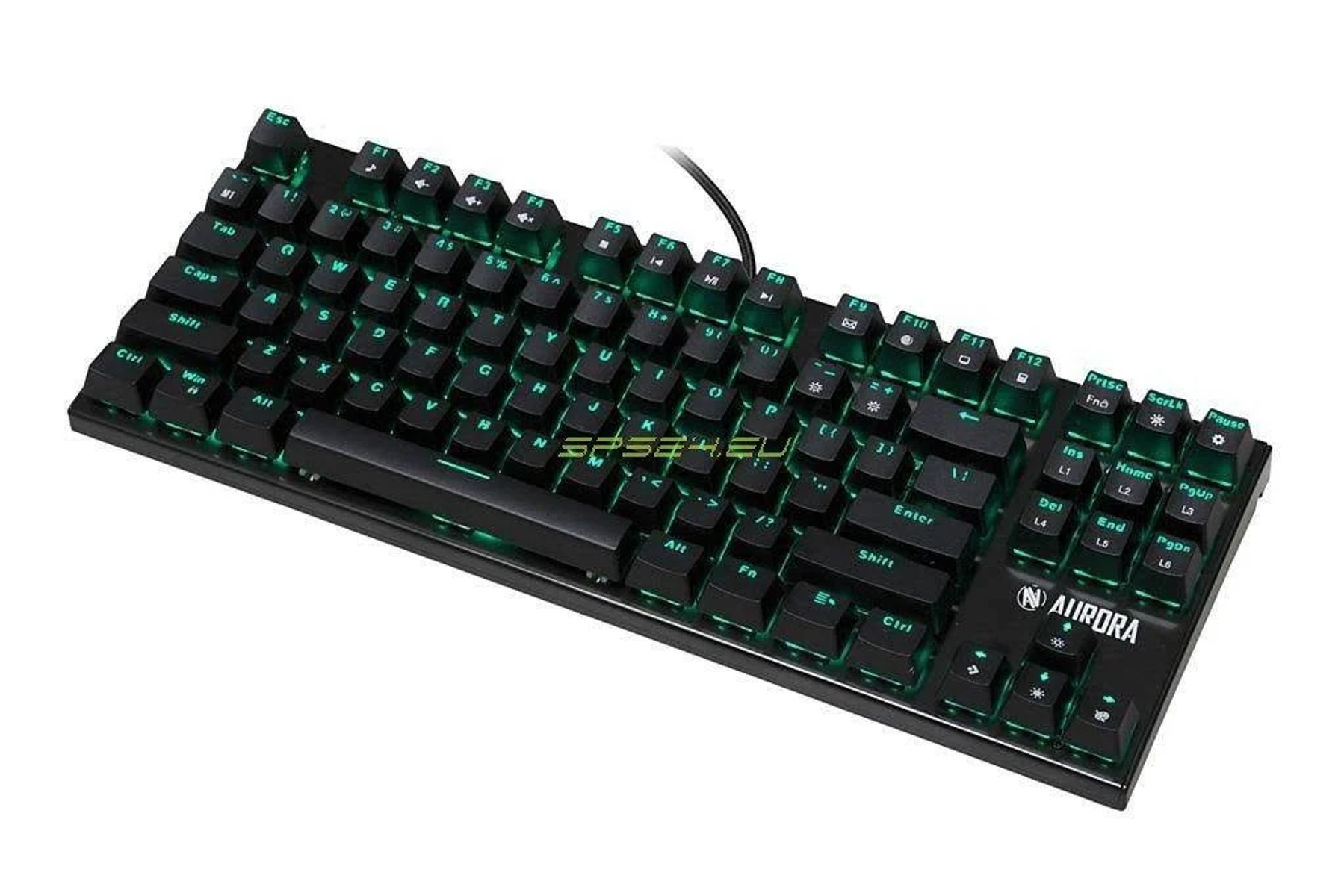 Una tastiera meccanica nera con retroilluminazione verde.