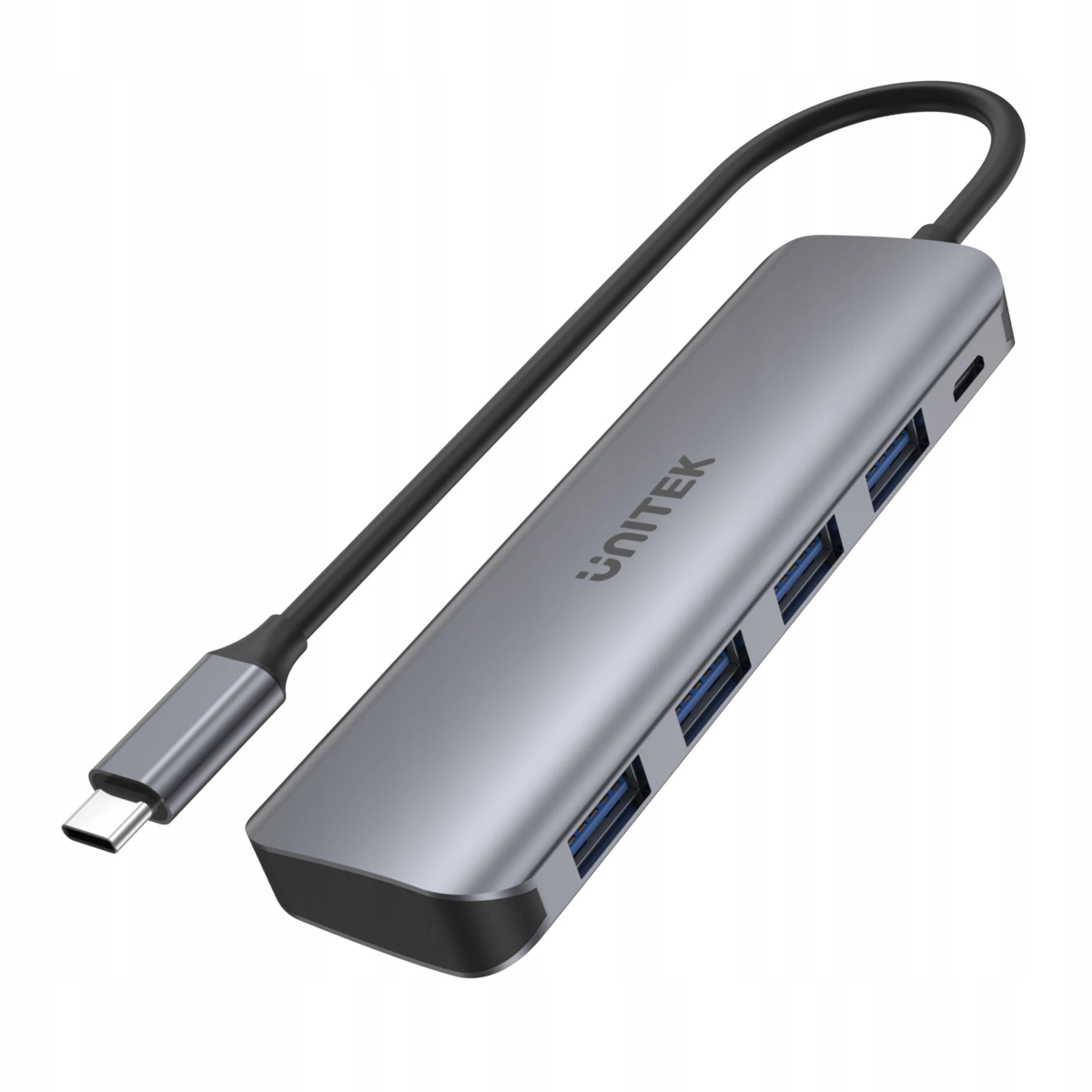 Grauer USB-C-Hub mit USB-Anschlüssen und schwarzem Kabel. Marke: UNITEK.