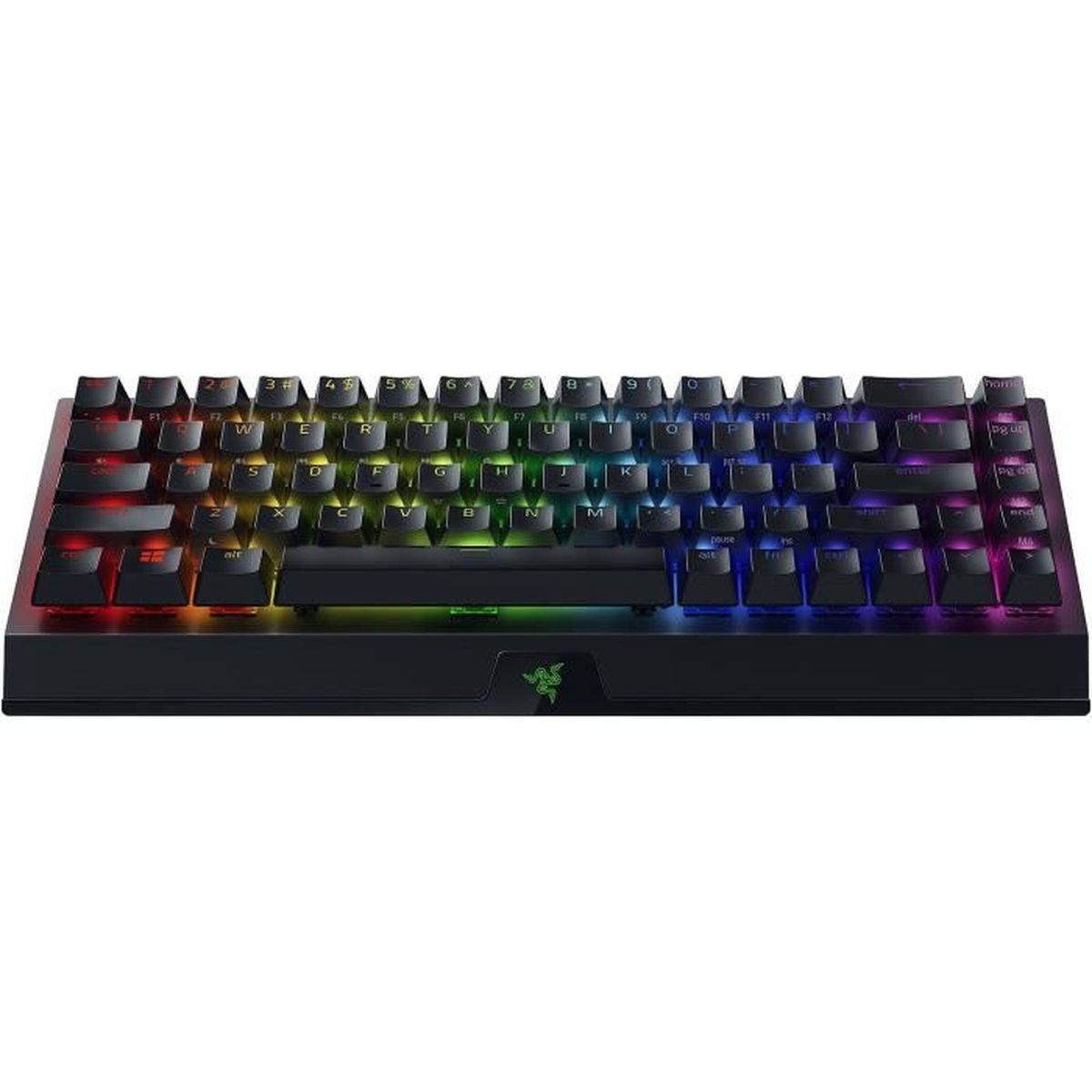 Schwarze mechanische Tastatur mit bunten Tasten und RGB-Beleuchtung.