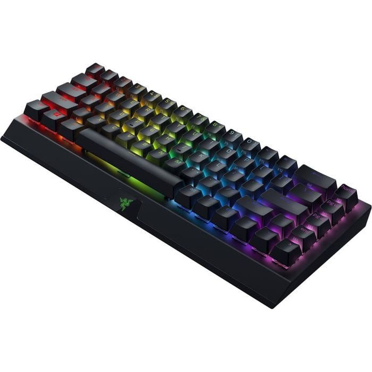 Schwarze Razer Tastatur mit Regenbogen-Hintergrundbeleuchtung.
