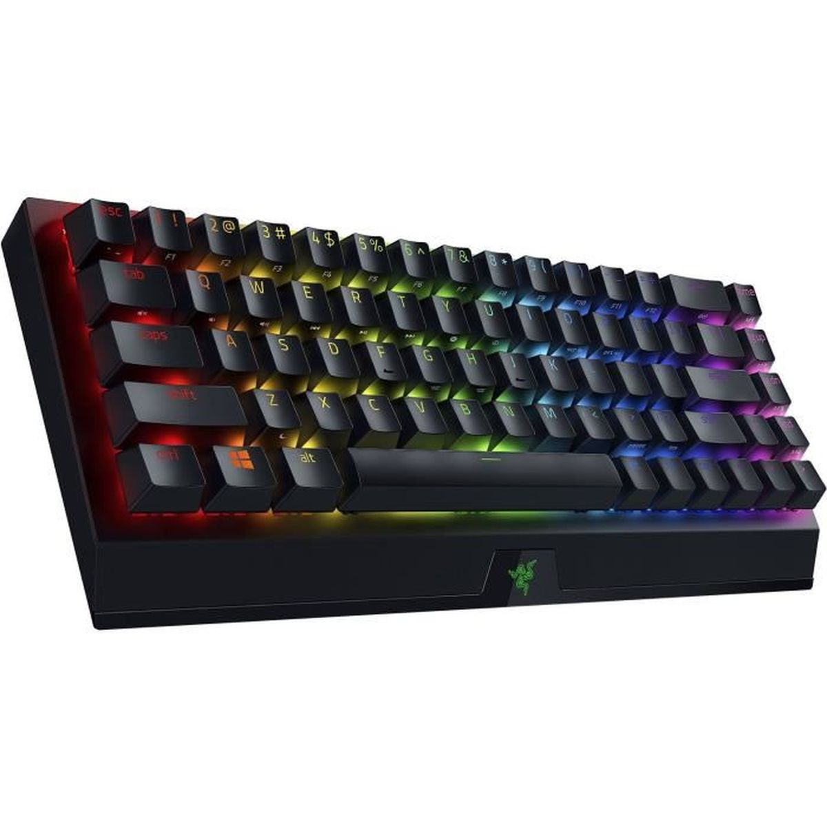 Schwarze Gaming-Tastatur mit Regenbogen-Hintergrundbeleuchtung. Mit Razer-Logo unten mittig.