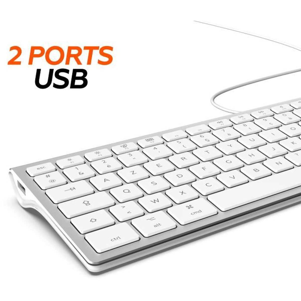 Eine weiße Computertastatur mit silbernem Rahmen und einem USB-Anschluss an der Seite. Text liest 2 Ports USB.