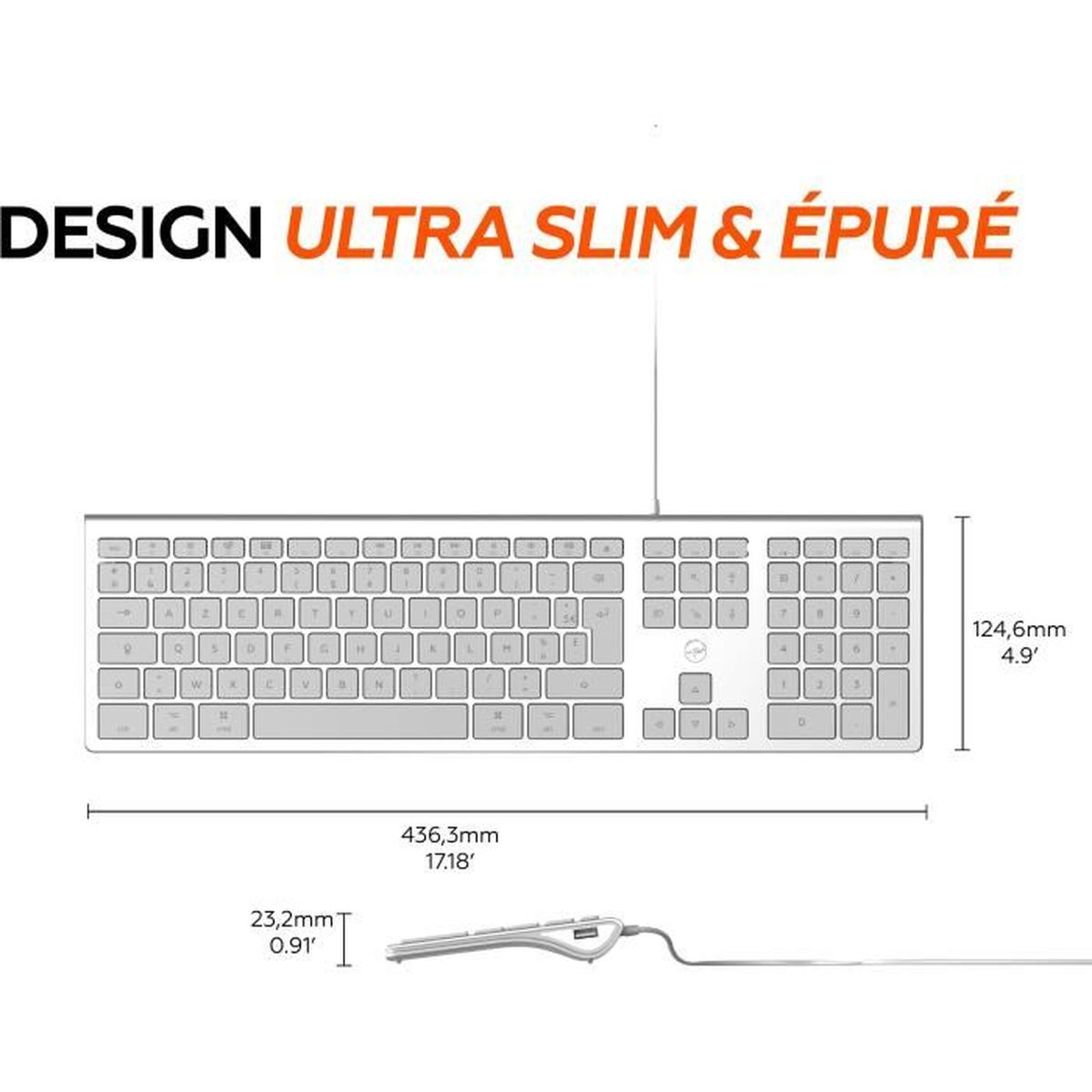Ultra-schlanke Tastatur mit Abmessungen und Kabel, von oben und der Seite gezeigt.