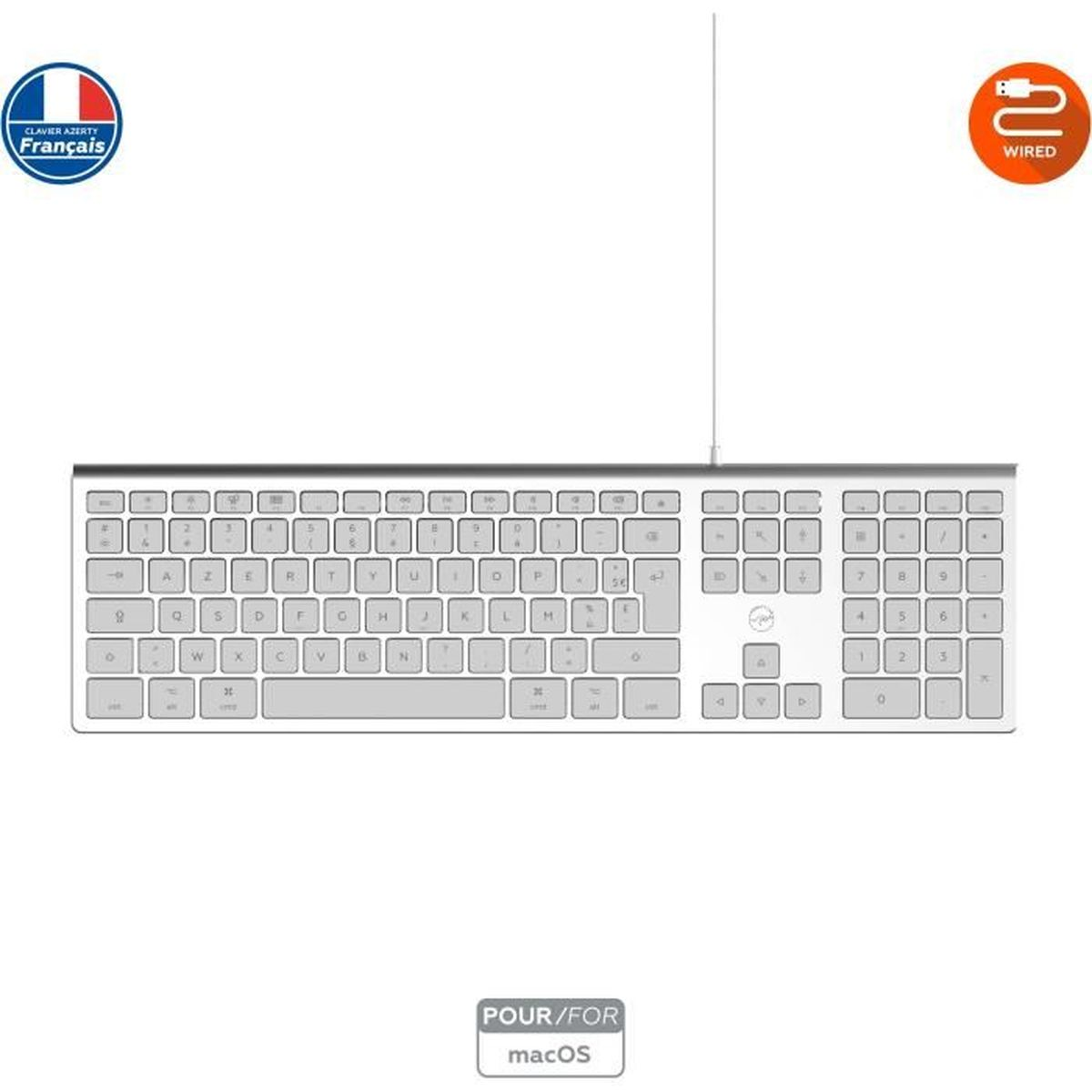 Weiße, kabelgebundene AZERTY-Tastatur für macOS mit französischem Layout.