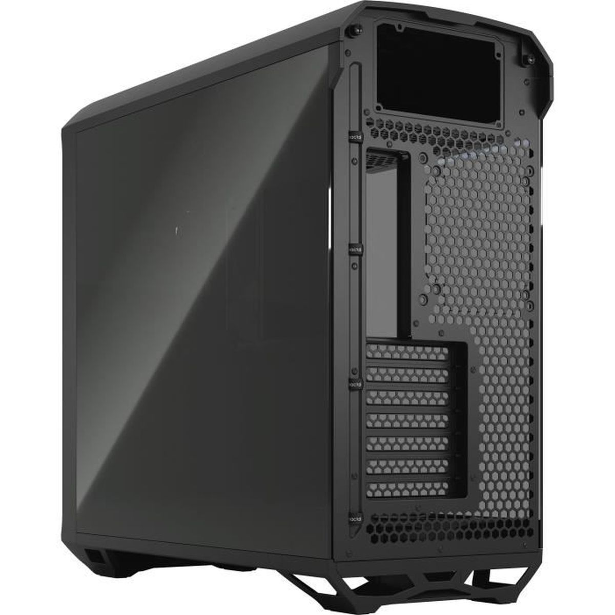 Ein schwarzes Computergehäuse mit einer Glasscheibe. Es hat ein Gitter von Löchern an der Seite und hinten.