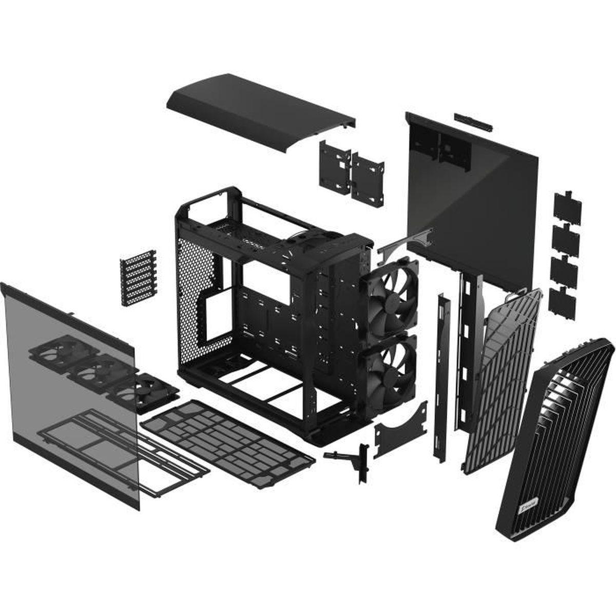 Explosionsansicht eines Computergehäuses mit verschiedenen Komponenten.