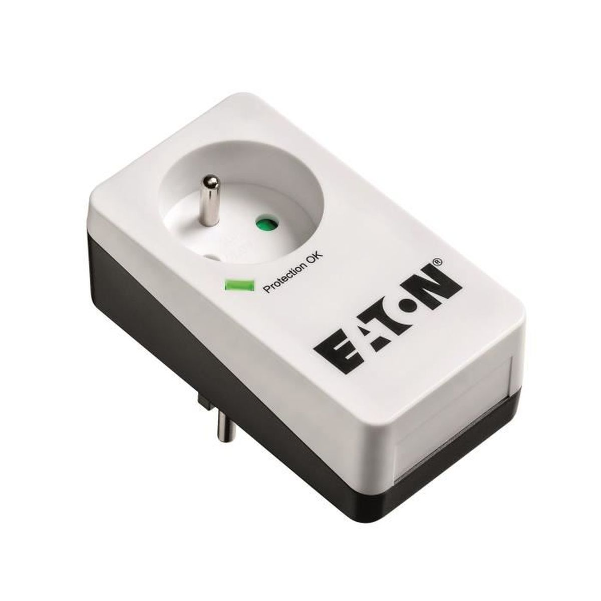 Weiß-schwarzer Steckdosenadapter mit 'EATON'-Logo und grünem Licht.