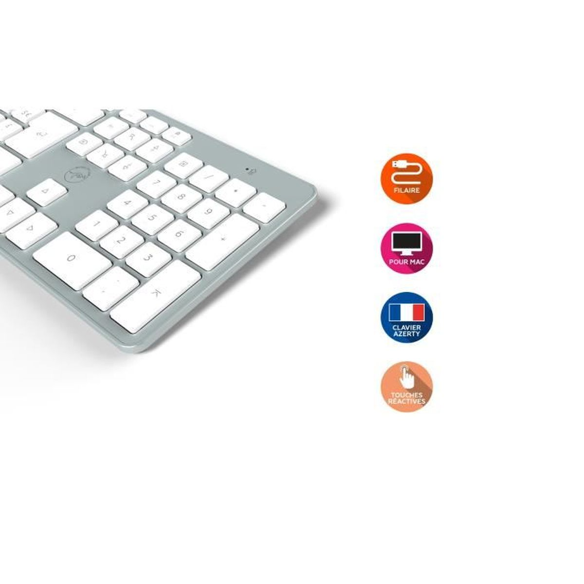 Zbliżenie szarej klawiatury z białymi klawiszami i czterema ikonami po prawej stronie.