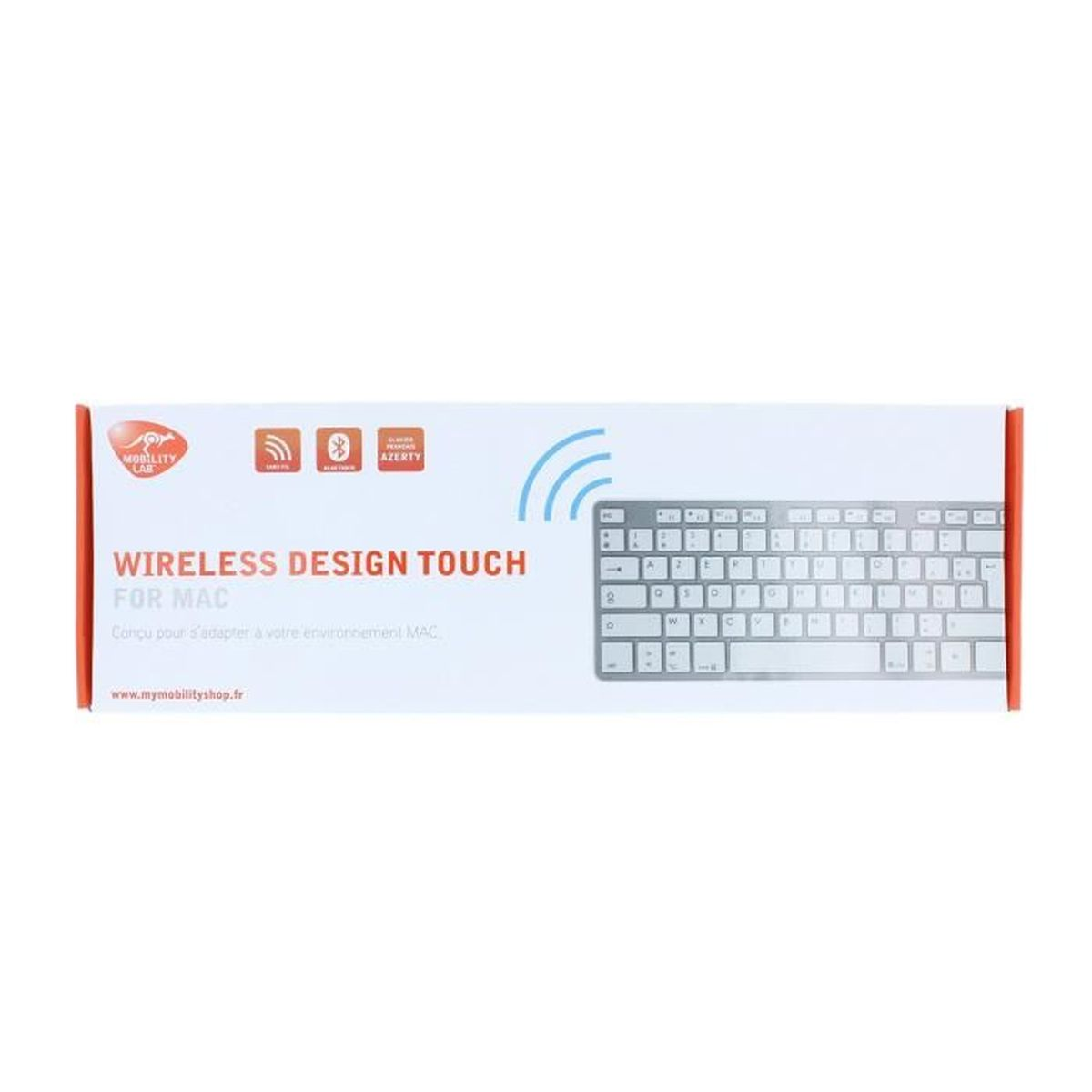 Pudełko z klawiaturą do Maca. Tekst brzmi 'Wireless Design Touch'. Widoczne logo i układ AZERTY. Pudełko ma czerwoną obwódkę.