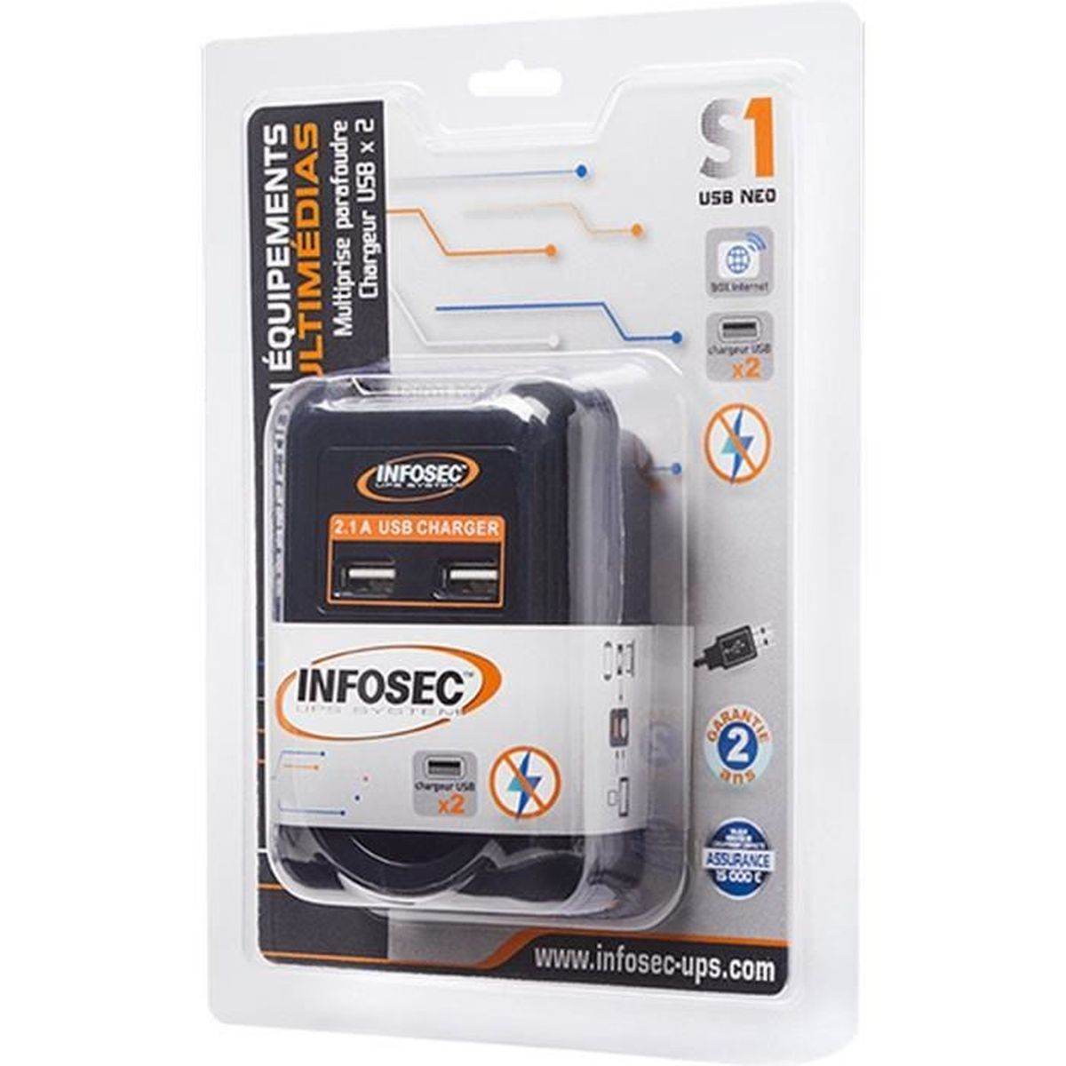 Schwarz-weißes USB-Ladegerät in einer Kunststoffverpackung, mit Text und Symbolen.