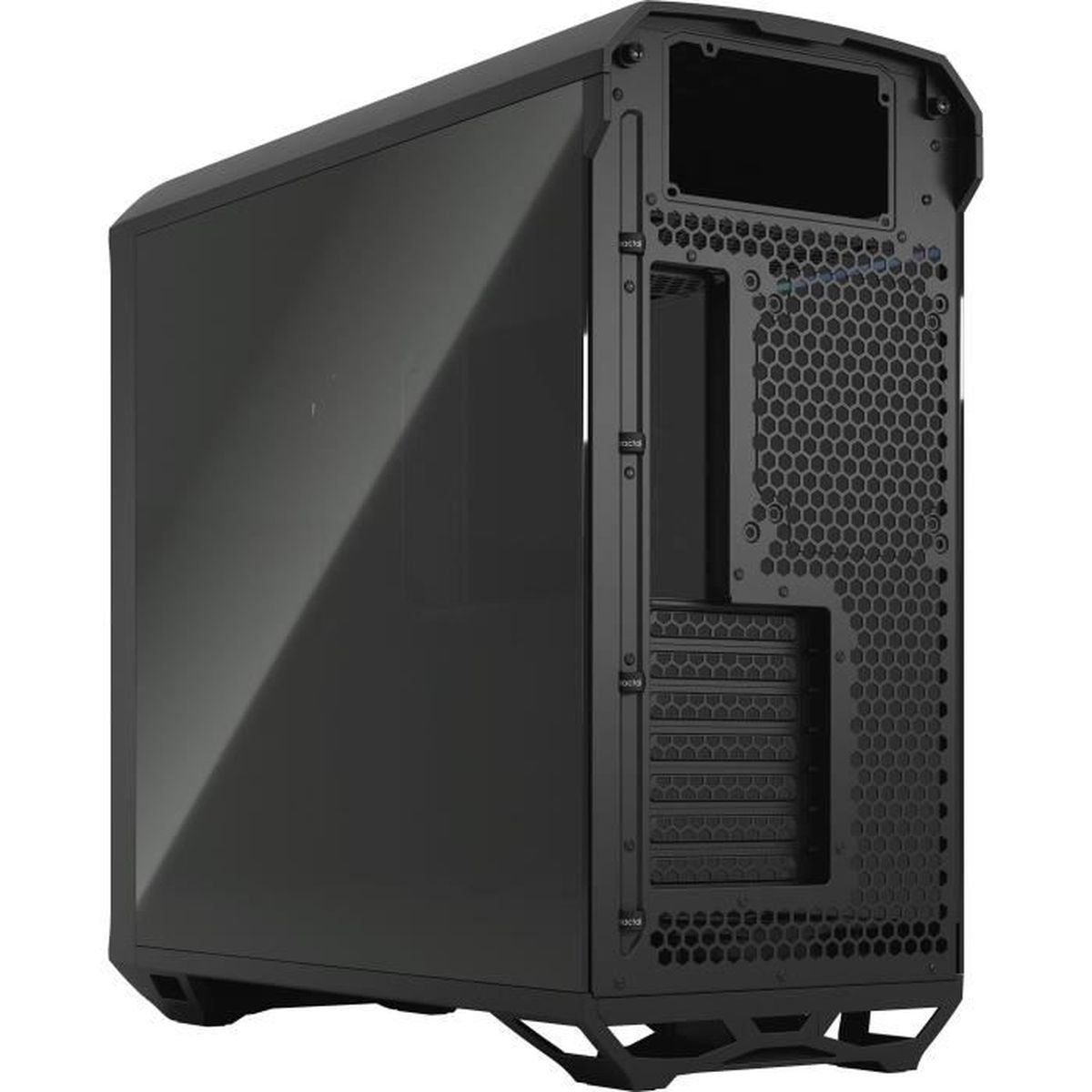 Un case per computer nero con un pannello laterale in vetro, che mostra i componenti interni.