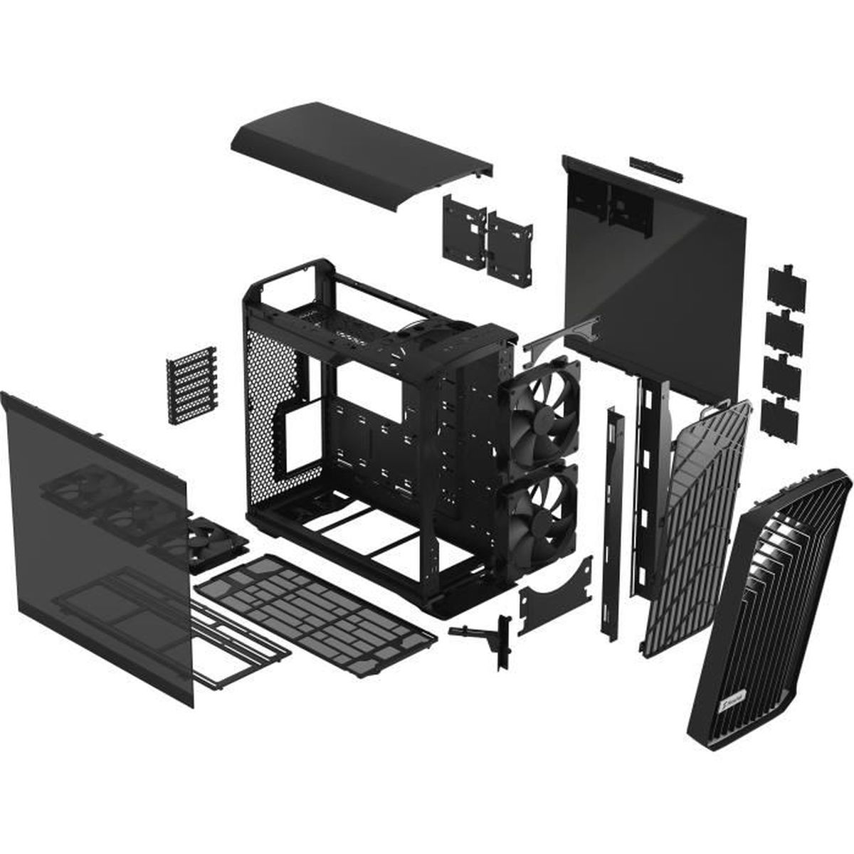 Vista esplosa di un case di computer, che mostra i suoi componenti smontati.