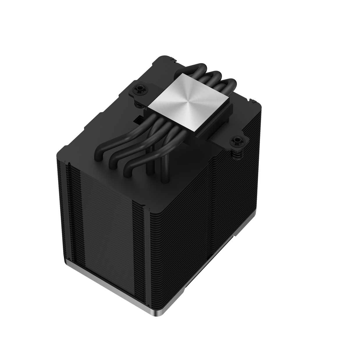 Czarny cooler CPU z rurkami cieplnymi i kwadratową metalową płytą, na białym tle.