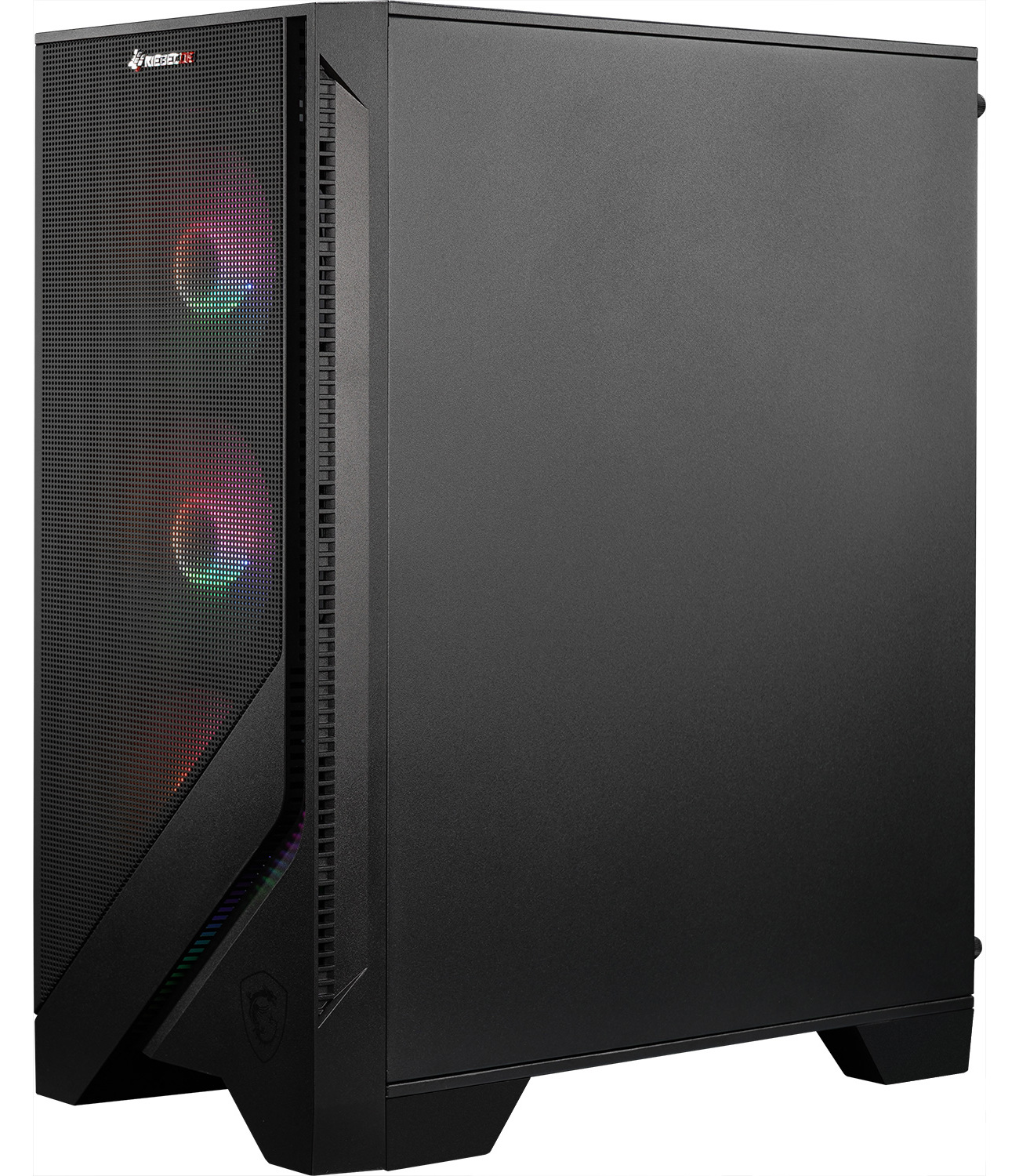 Schwarzes Computergehäuse mit Mesh-Front und bunten LED-Leuchten.