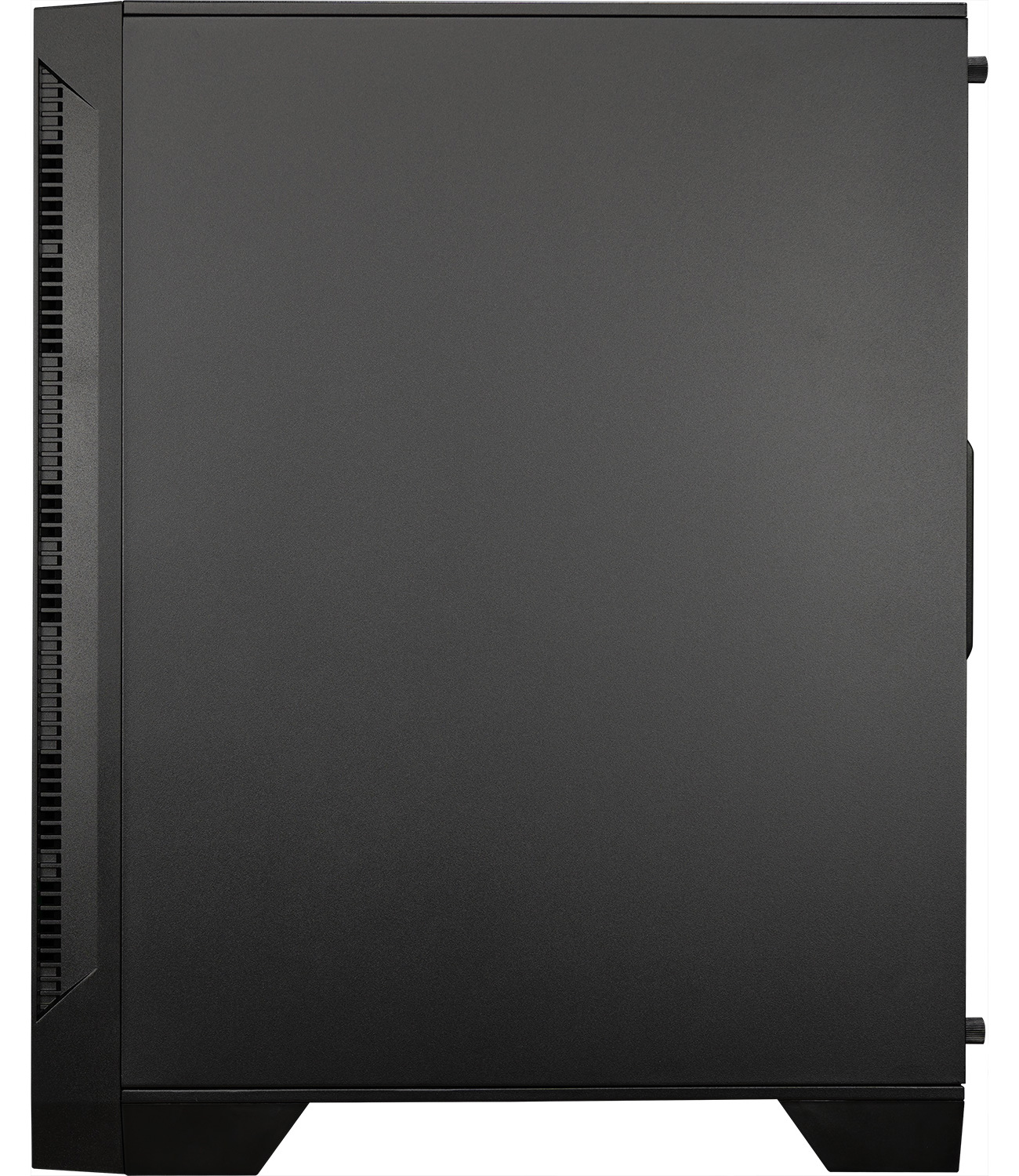 Eine Seitenansicht eines schwarzen Computergehäuses, die seine Form zeigt.