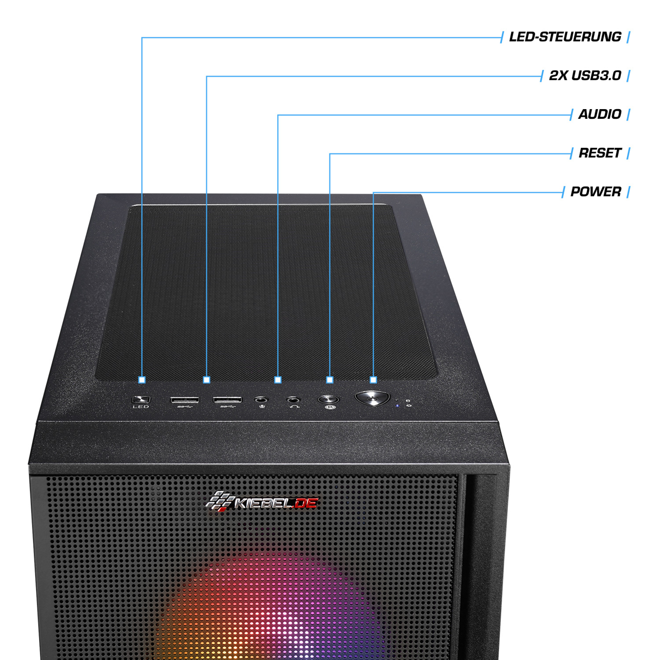 Draufsicht auf ein schwarzes Computergehäuse mit beschrifteten Anschlüssen und Bedienelementen.