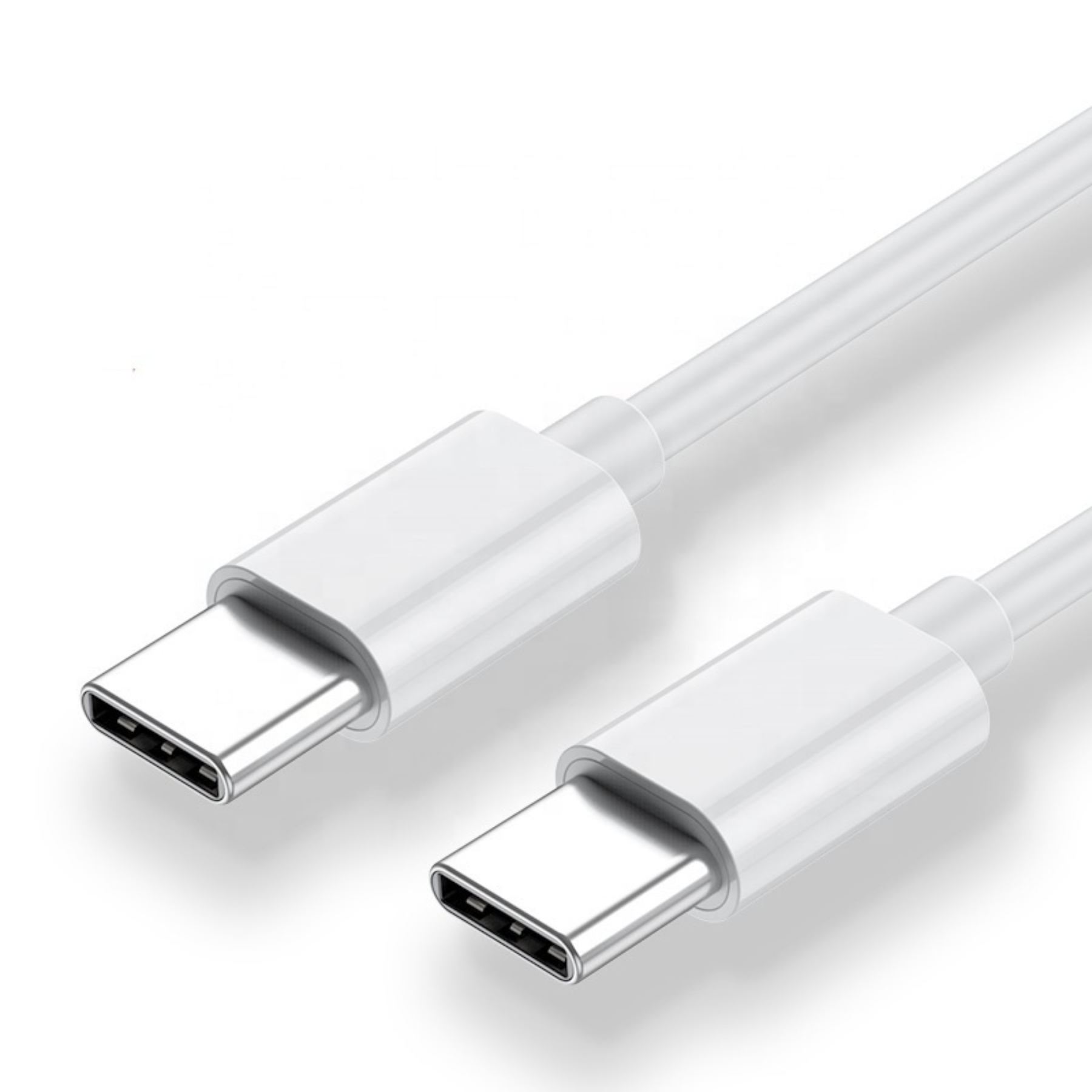 Zwei weiße USB-C-Kabel mit silbernen Steckern, auf weißem Hintergrund positioniert.