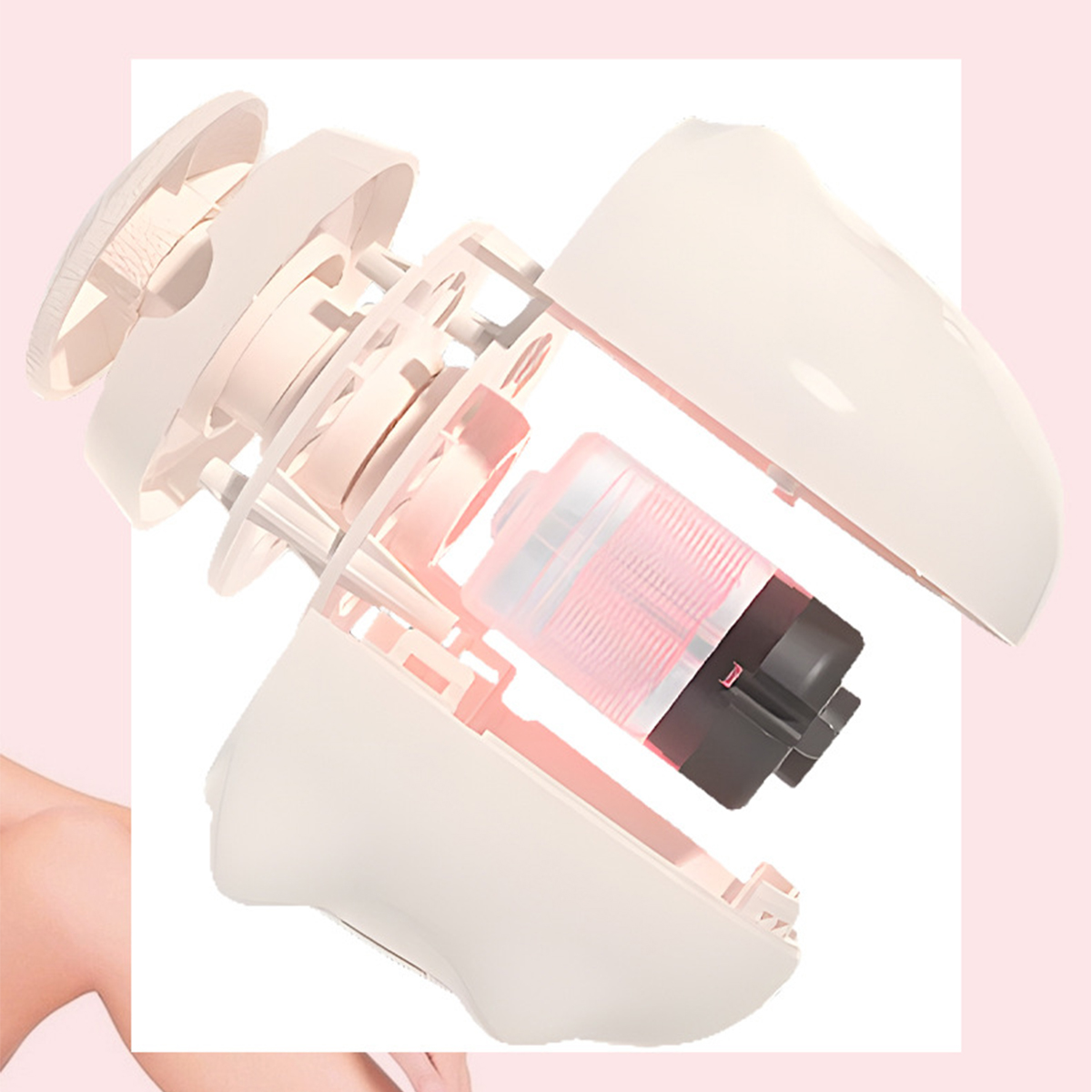 Zerlegter Elektrorasierer mit Innenkomponenten in rosa Umgebung.