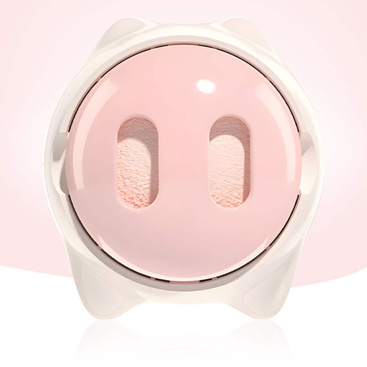 Ein rosa schweineförmiger Luftbefeuchter. Er ist weiß mit einer rosafarbenen Schnauze und Ohren. Das Design ist cartoonhaft.