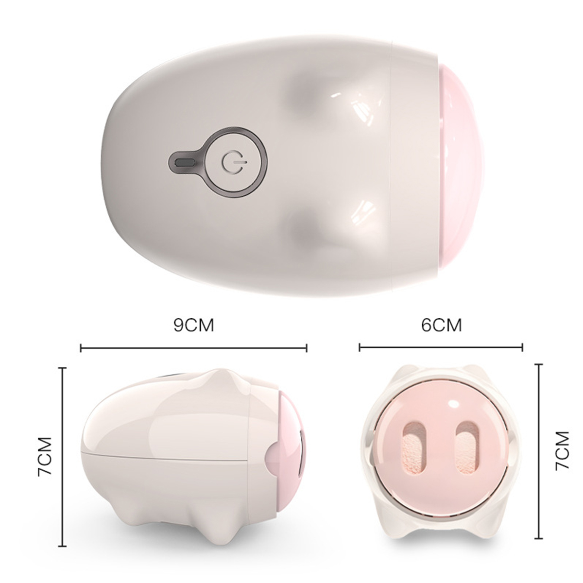Schweineförmiges Gerät mit rosa Akzent. Es ist eine Draufsicht, Seitenansicht und Frontansicht mit Abmessungen.