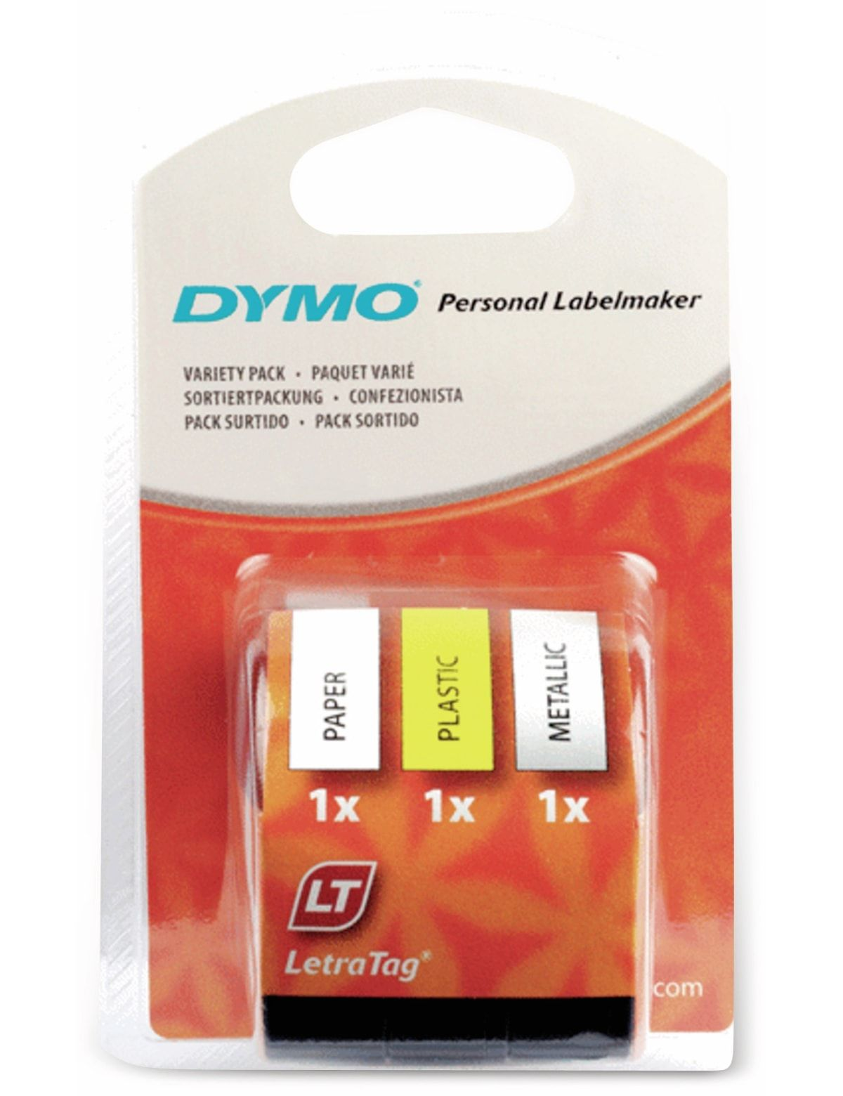 DYMO Etikettendrucker-Paket mit drei Etikettenstreifen: Papier, Kunststoff und Metallic.