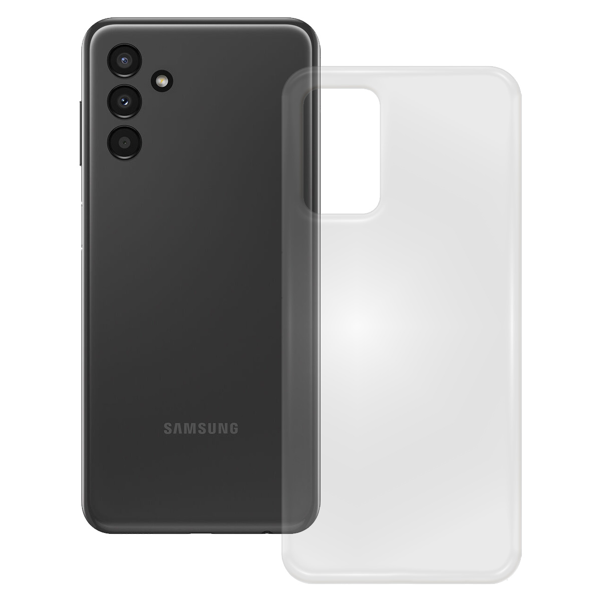 Ein schwarzes Samsung-Telefon mit einer durchsichtigen Hülle daneben.