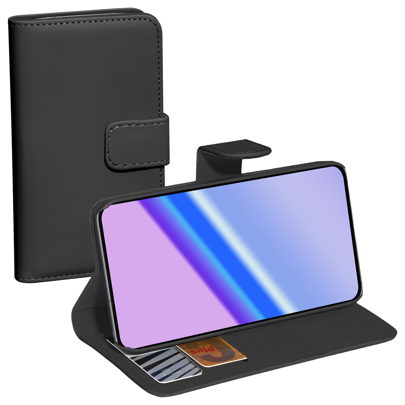 Eine schwarze Handyhülle offen mit Handy, zwei Karten sichtbar.