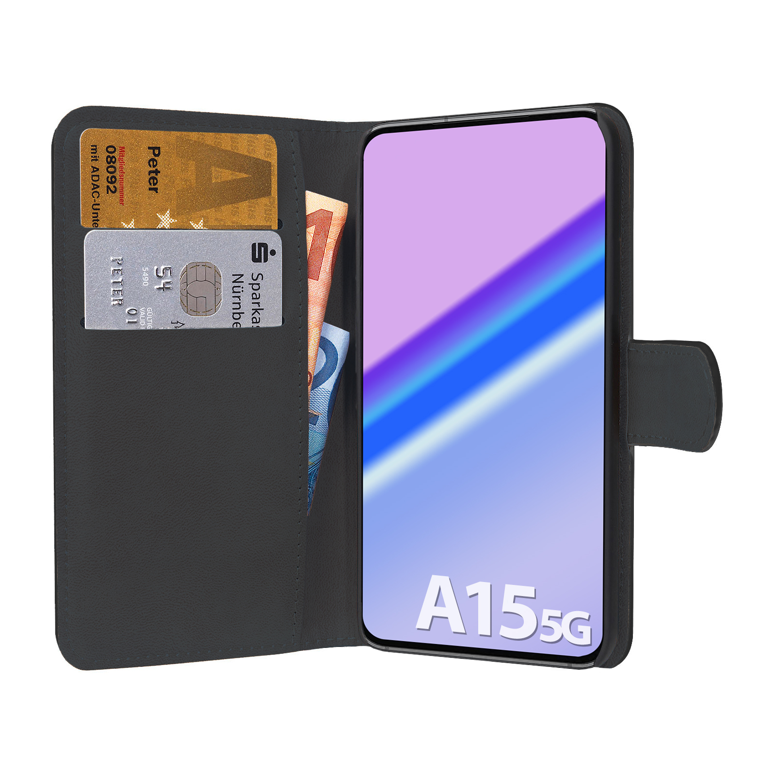 Schwarze Handyhülle mit Telefon. Karten und Geld im Etui.