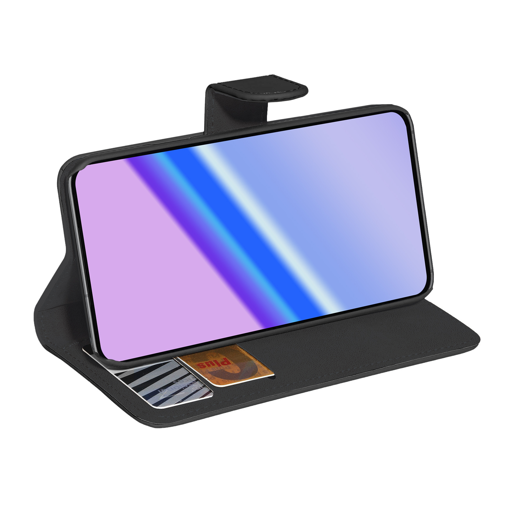 Schwarze Handyhülle mit Handy, zeigt zwei Kartenfächer und eine Karte.