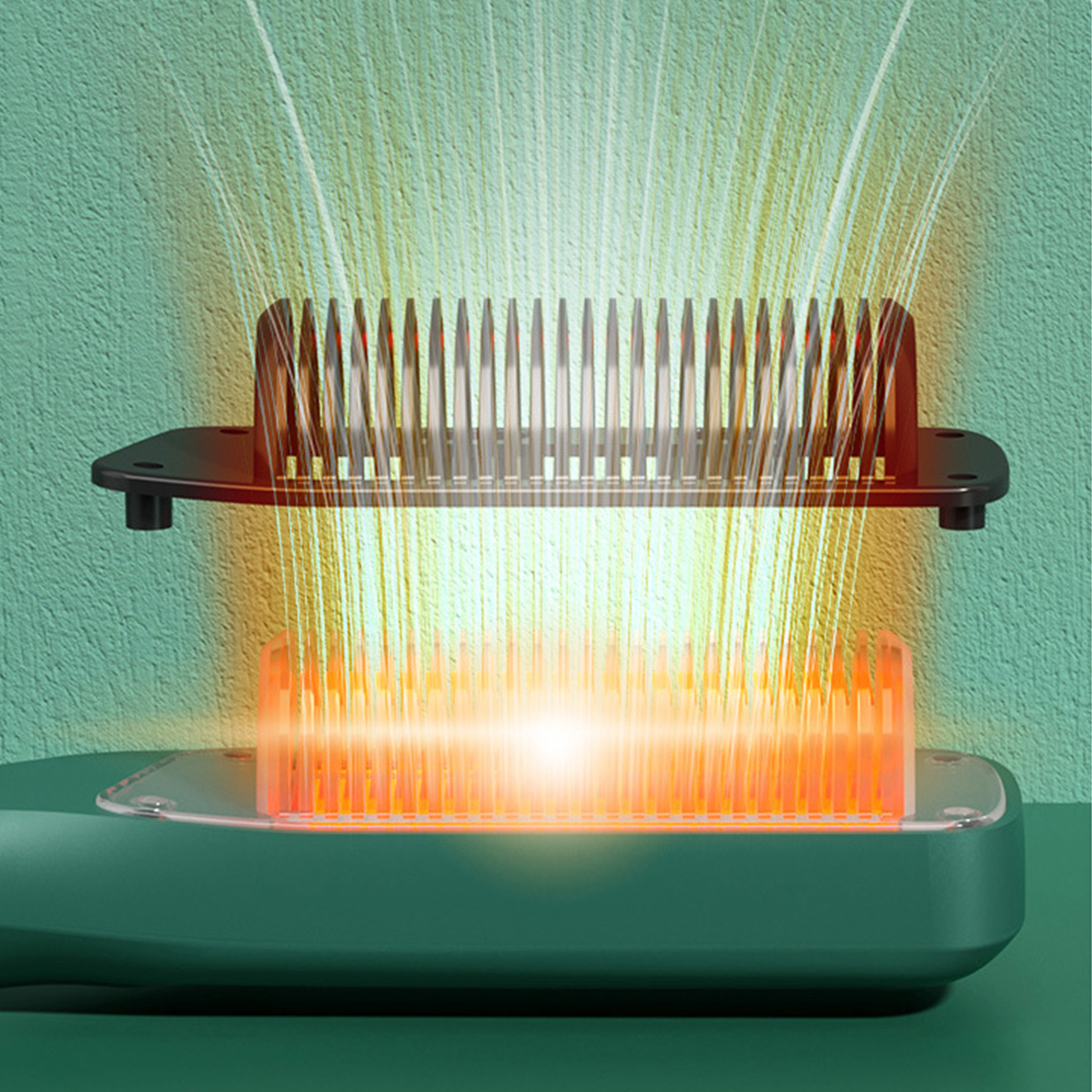 Haarglätter mit zwei Heizplatten. Ein grüner und oranger Hintergrund.