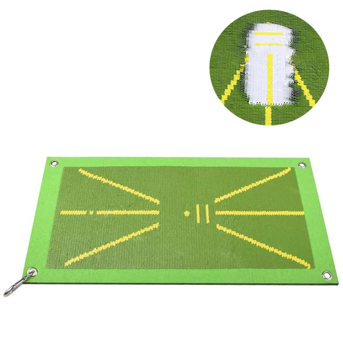 Tapis d'entraînement de golf vert avec des lignes jaunes et une zone cible circulaire en haut à droite.