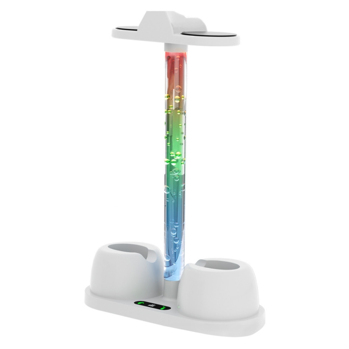 Weißer Zahnbürstenhalter mit einer Mittelsäule mit bunten Blasen und zwei Schlitzen.