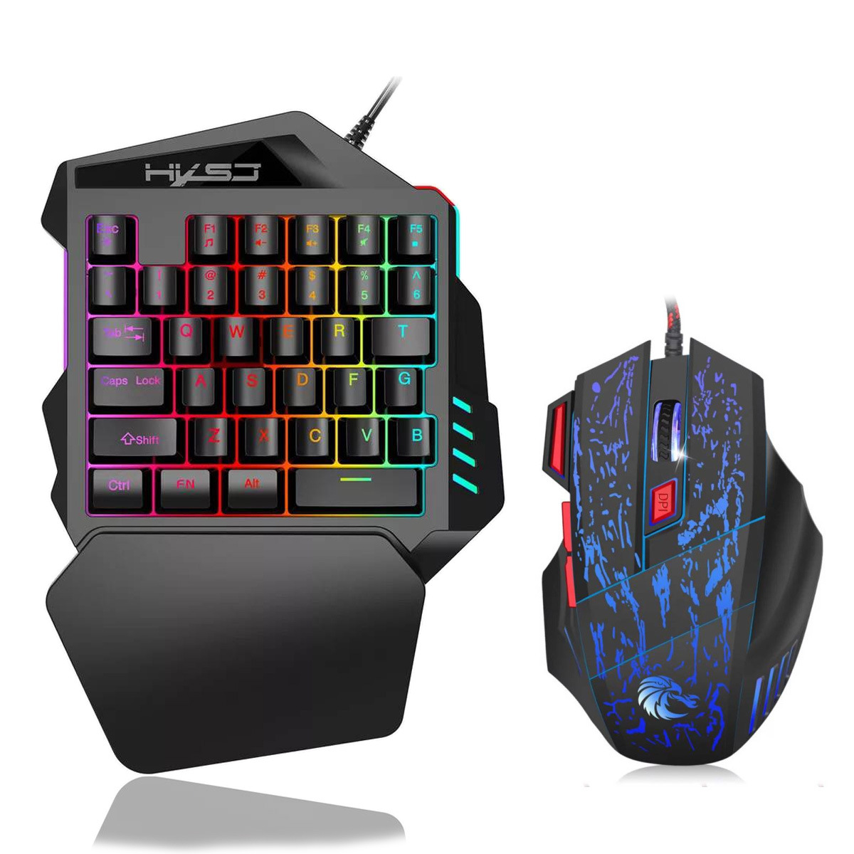 Gaming-Tastatur mit Regenbogenfarben und Gaming-Maus mit schwarz-blauem Design.