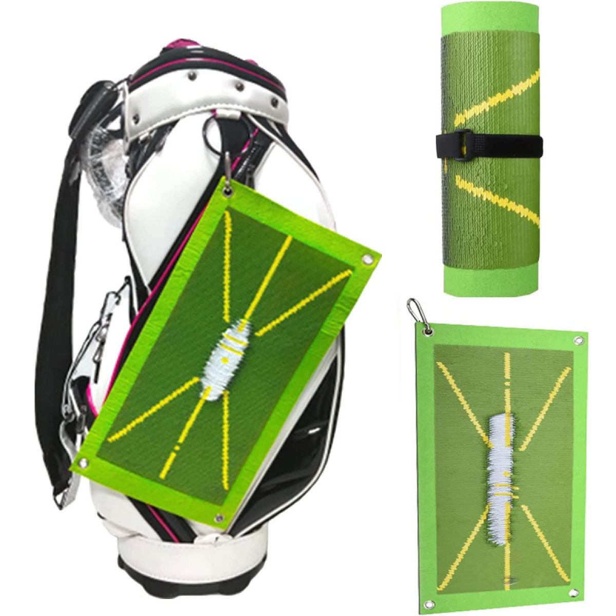 Sac de golf avec deux tapis verts. Un tapis est enroulé. Deux autres tapis avec une balle de golf.