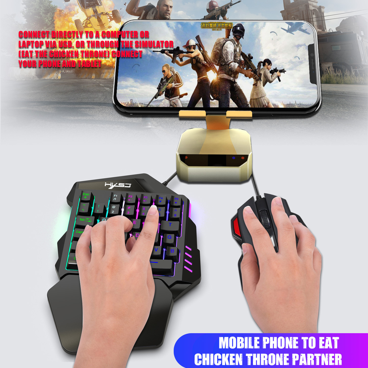 Gaming-Setup mit Telefon, Tastatur und Maus. Auf dem Telefon wird ein Spiel angezeigt.
