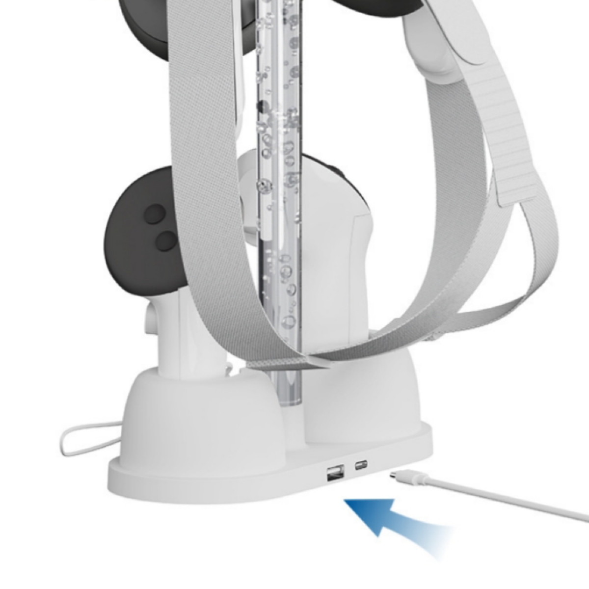 Weiße VR-Headset-Ladestation. USB-Anschluss mit Pfeil. Das Headset ist angedockt.
