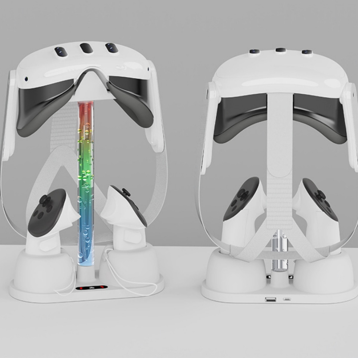 VR-Headset-Ladestation mit Controllern. Weißes und schwarzes Design, Regenbogenröhre.