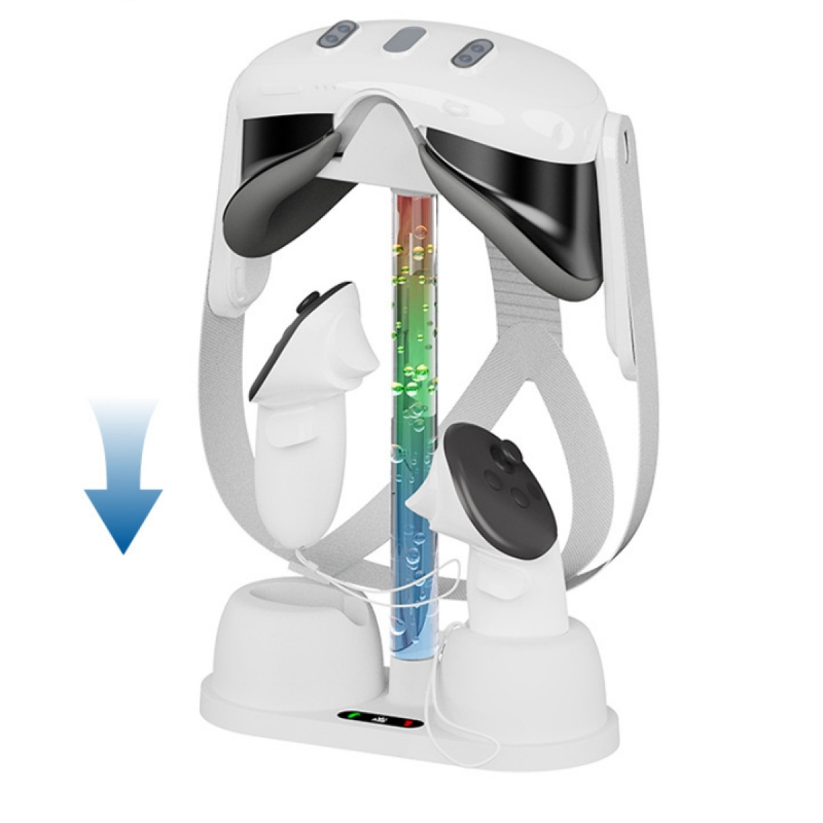 VR-Headset und Controller auf einer Ladestation. Blauer Pfeil zeigt die Richtung an. Weißer Hintergrund.