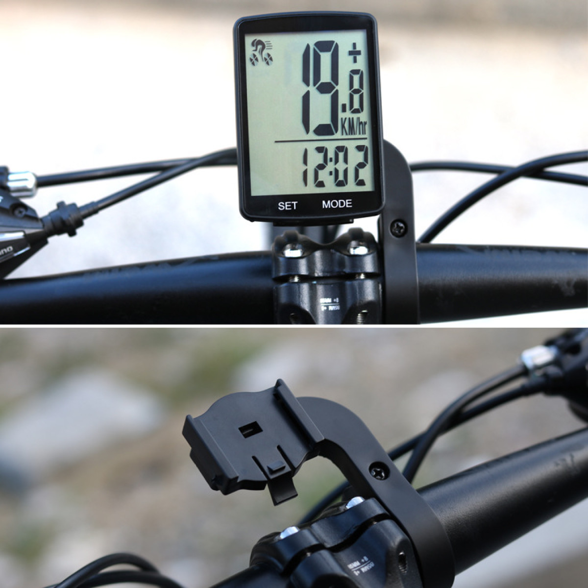 Fahrrad-Tachometer mit Digitalanzeige, die Geschwindigkeit und Zeit anzeigt, montiert an einem schwarzen Lenker.