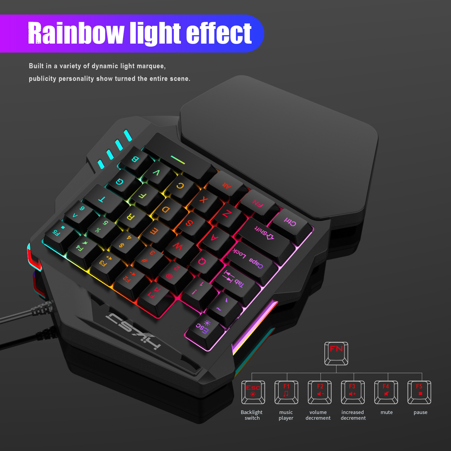 Gaming-Tastatur mit Regenbogenbeleuchtung und Funktionstasten. Zeigt Tasten und Funktionen.