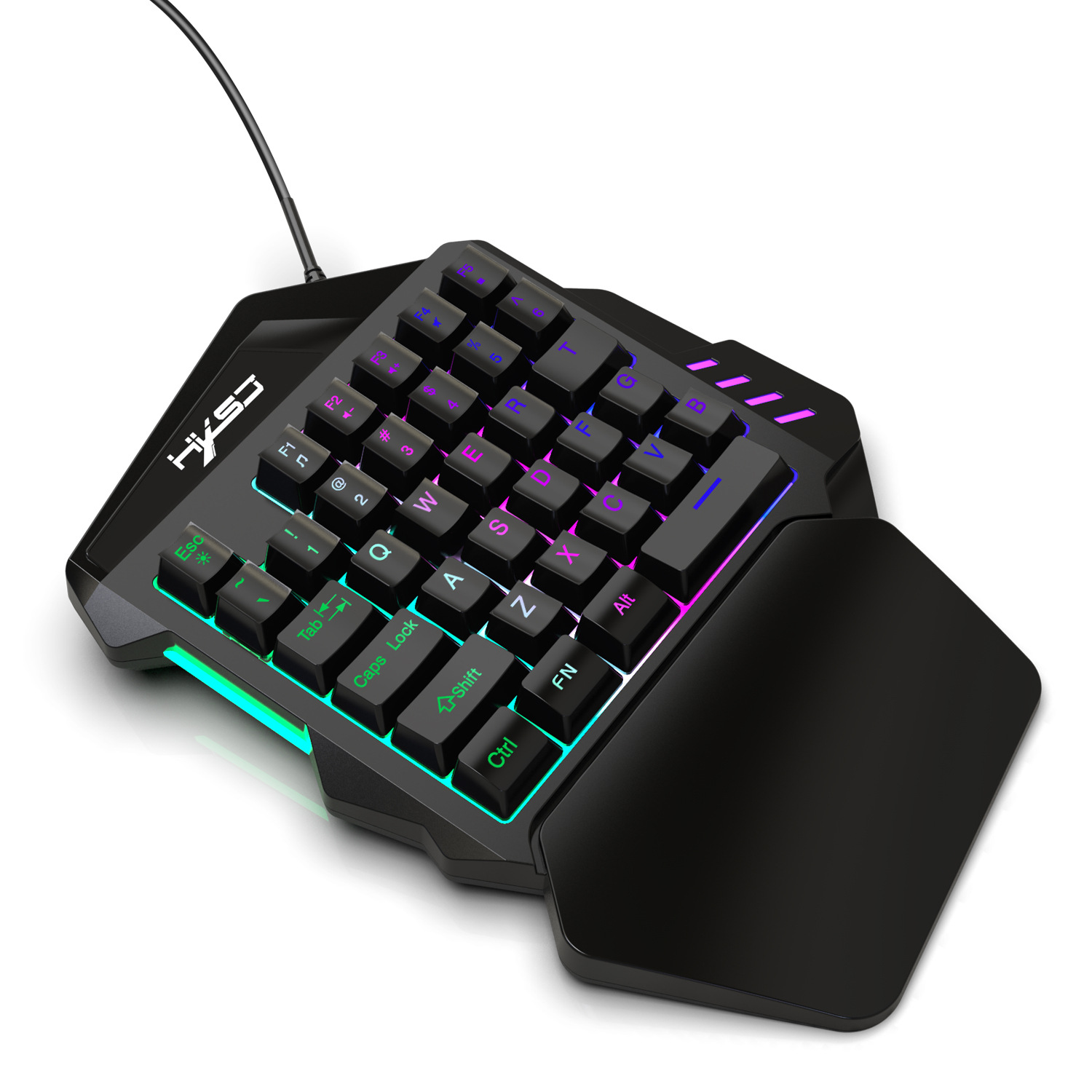Gaming-Tastatur mit Tasten, Handgelenkauflage und RGB-Beleuchtung.