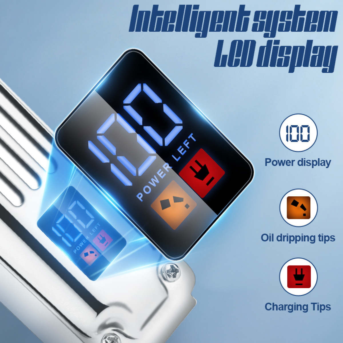 Czarny wyświetlacz cyfrowy z 100. Tekst 'Power Left'. Ikony zasilania, oleju i ładowania.