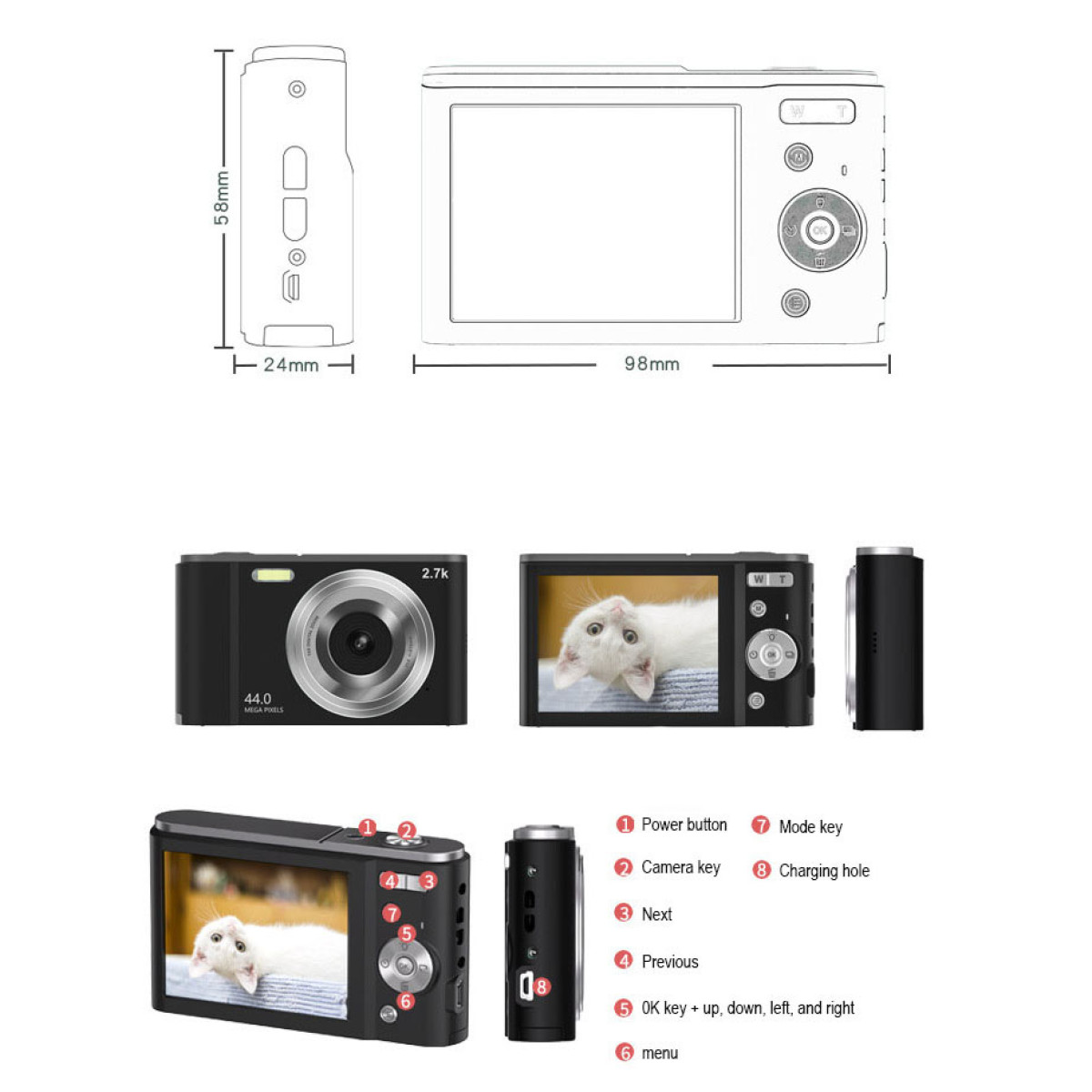 INF Digitalkamera 4K 48MP Zoom 16-fach schwarz 2,8-Zoll-Display Digitalkamera