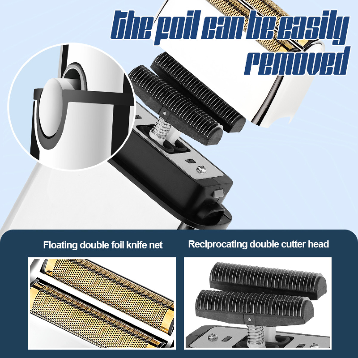 Zbliżenie golarki z oznaczonymi częściami. Tekst wspomina, że folię można usunąć.