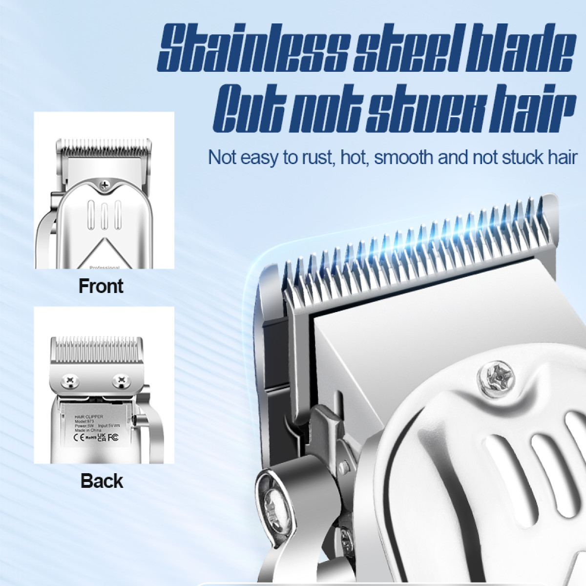 Zbliżenie srebrnej maszynki do włosów, widok z przodu i z tyłu, z tekstem.