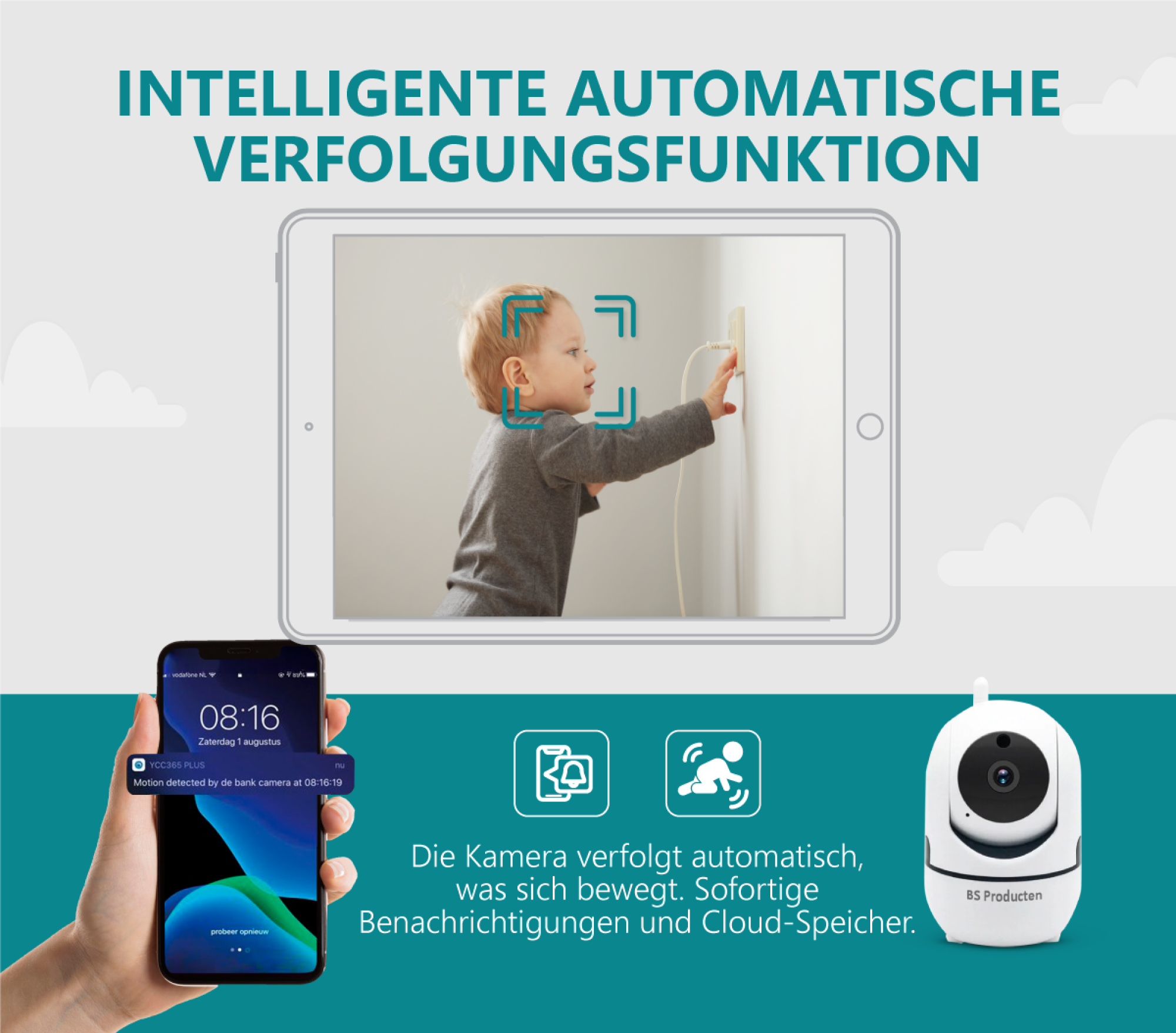 BS PRODUCTEN Babyphone mit Kamera Weiß und – camera IP WLAN, App