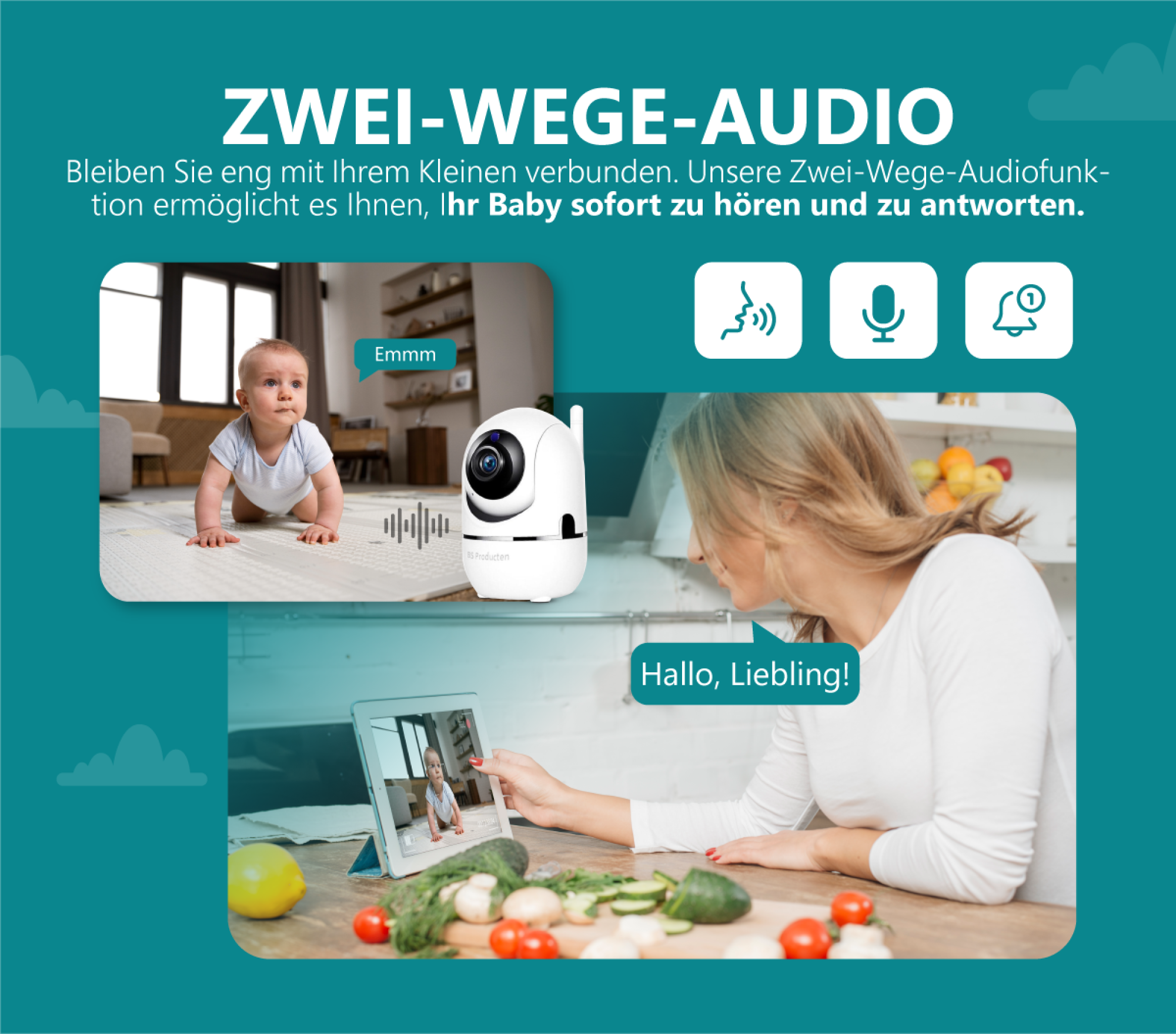 BS PRODUCTEN Babyphone mit Kamera – WLAN, Weiß und App camera IP